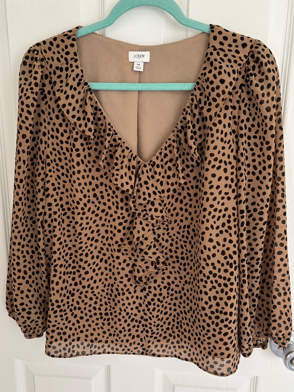 J. Crew Tan and Black Polka Dot Ruffle V-Neck Blouse